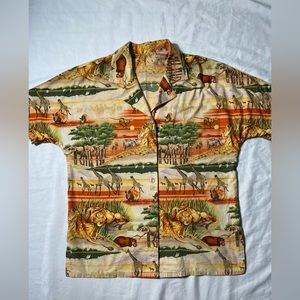 VTG  African Sahara Animal wildlife print doublesided button shirt womens 2XL
